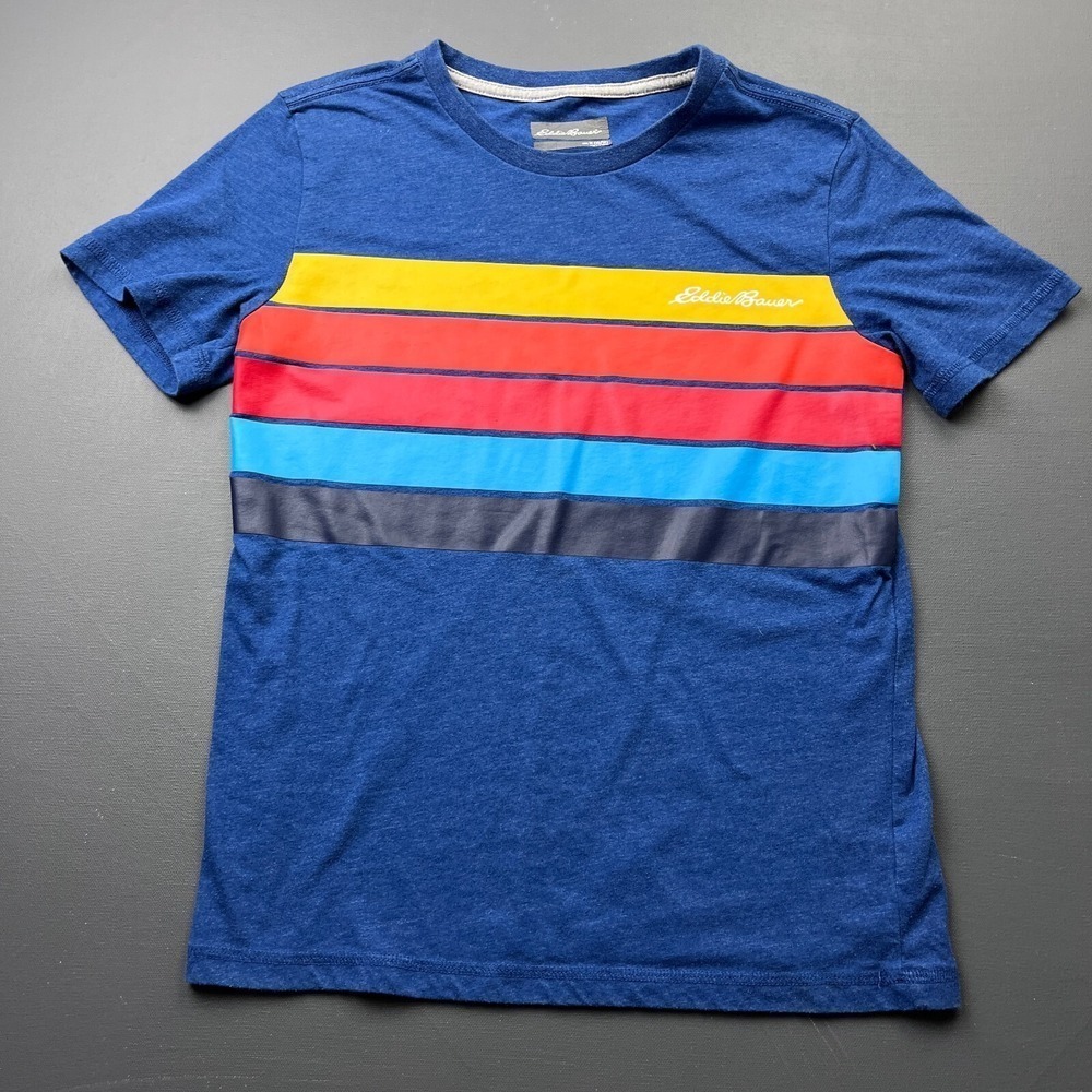Eddie Bauer Boys M 10/12 Blue Striped Short Sleeve T-Shirt Outdoor Casual Tee